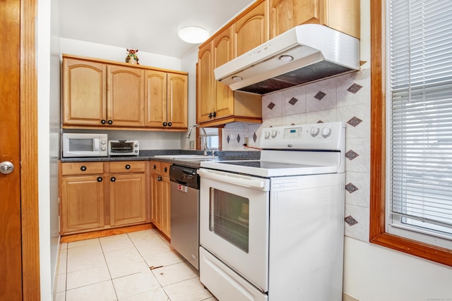 kitchen with white electric stove, sink, stainless steel dishwasher, and light tile patterned floors