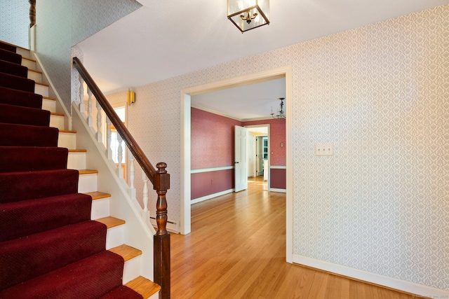 stairway featuring hardwood / wood-style flooring and crown molding