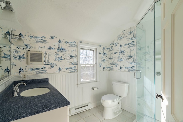 bathroom with vaulted ceiling, a baseboard heating unit, toilet, a shower with door, and tile patterned floors