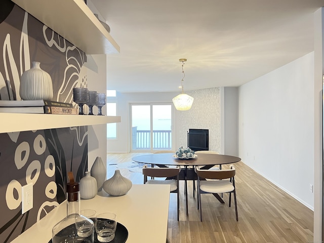 dining room with a fireplace and hardwood / wood-style floors