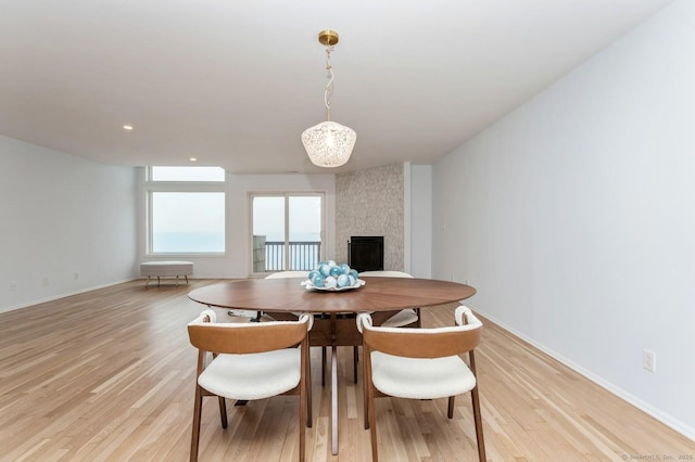 dining room with a fireplace and light hardwood / wood-style flooring