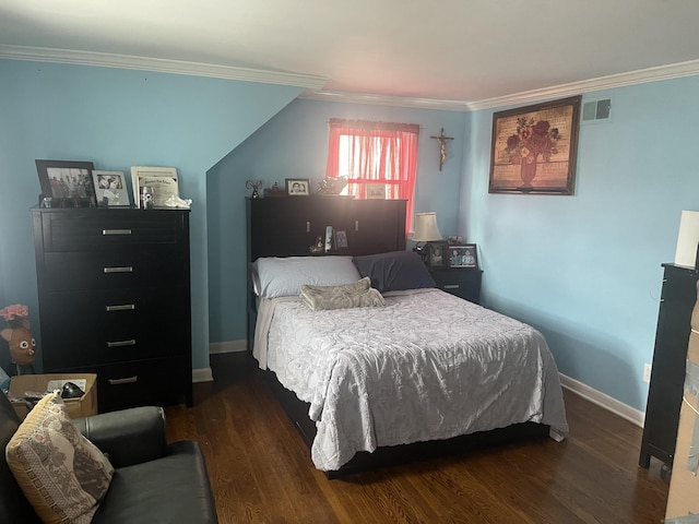 bedroom featuring crown molding and dark wood-type flooring