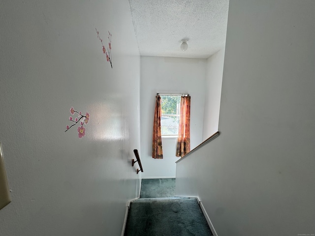 stairs with carpet floors and a textured ceiling