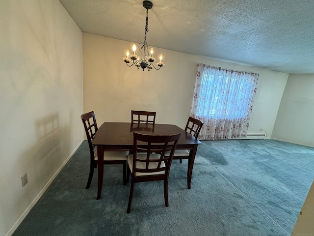 carpeted dining room with a textured ceiling and an inviting chandelier