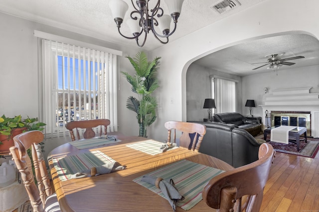 dining area with a healthy amount of sunlight, ceiling fan with notable chandelier, and a textured ceiling