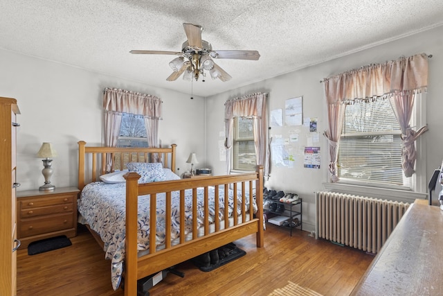 bedroom featuring multiple windows, radiator, and hardwood / wood-style flooring