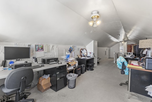 office area with lofted ceiling and ceiling fan