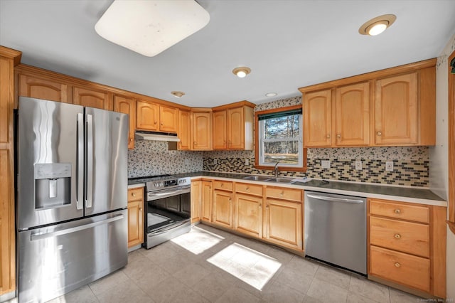 kitchen featuring tasteful backsplash, sink, and appliances with stainless steel finishes