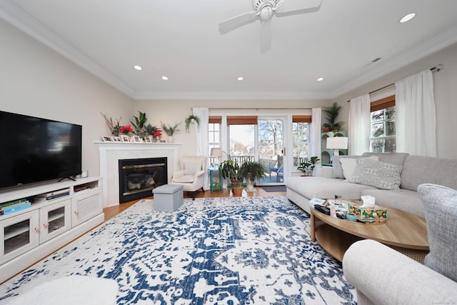 living room featuring ceiling fan, a wealth of natural light, ornamental molding, and wood-type flooring