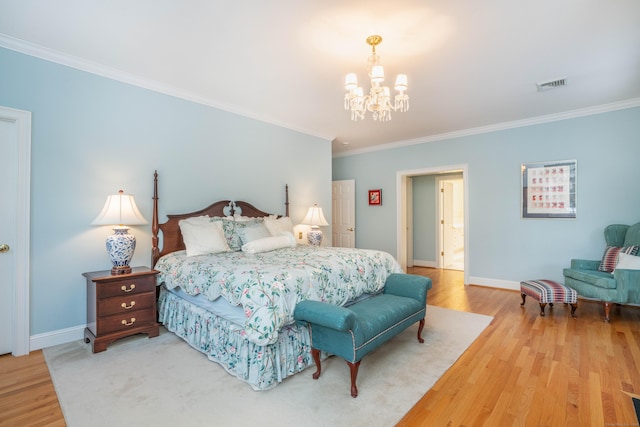 bedroom with crown molding, wood-type flooring, and a notable chandelier