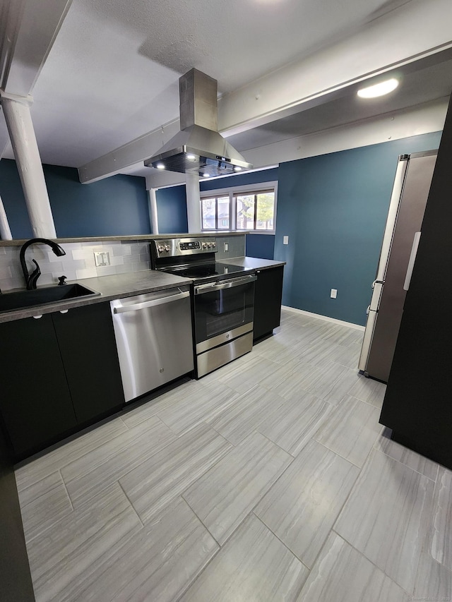 kitchen featuring tasteful backsplash, appliances with stainless steel finishes, sink, and island range hood