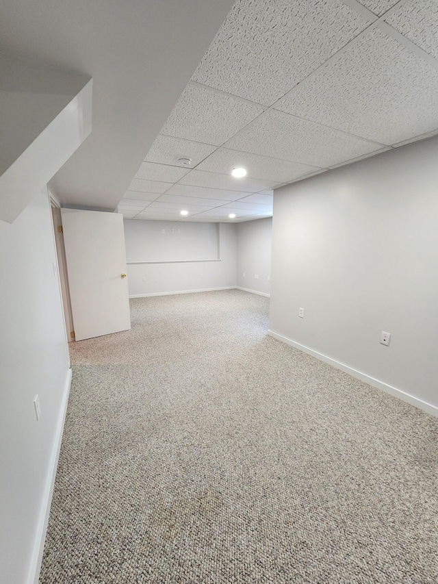 basement featuring carpet and a drop ceiling