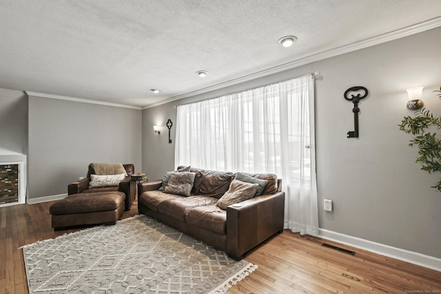 living room with crown molding, hardwood / wood-style floors, wine cooler, and a textured ceiling