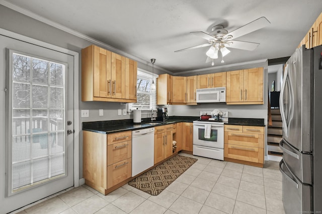 kitchen featuring crown molding, white appliances, decorative light fixtures, and ceiling fan