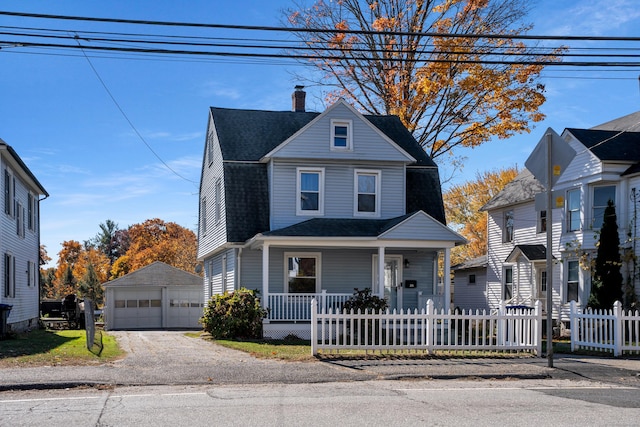 front facade with a garage, an outdoor structure, and a porch