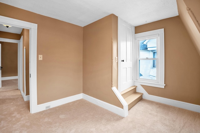 bonus room featuring light carpet, lofted ceiling, and a textured ceiling