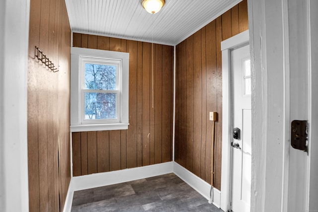 entryway with dark hardwood / wood-style flooring and wooden walls