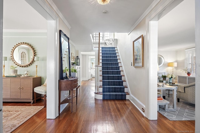 entryway with crown molding and dark wood-type flooring