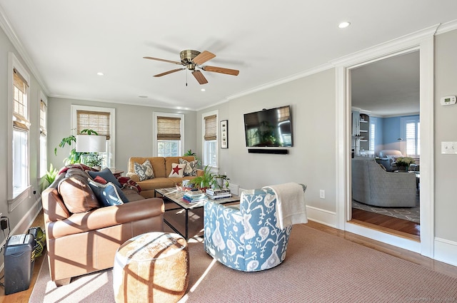 living room featuring crown molding, ceiling fan, and hardwood / wood-style flooring