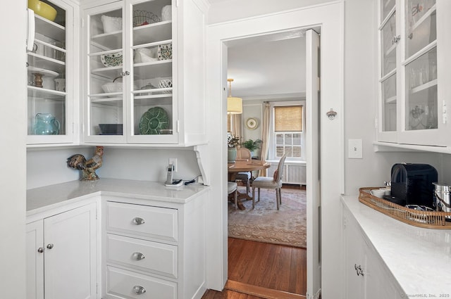 bar with hardwood / wood-style floors and white cabinets