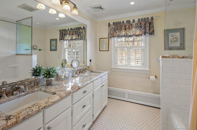 bathroom featuring vanity, crown molding, and a baseboard radiator