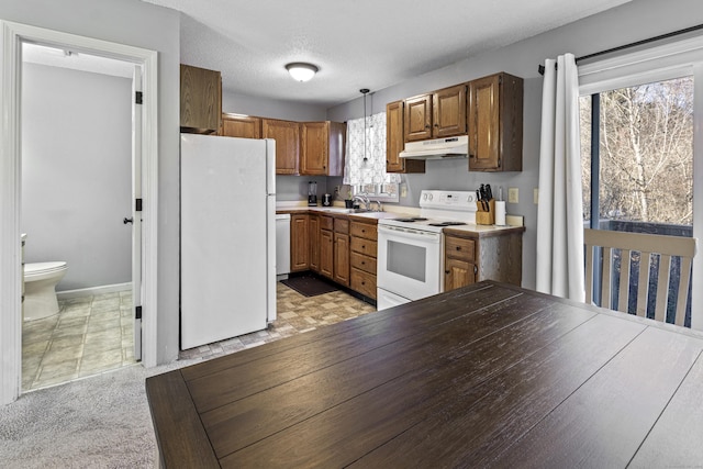 kitchen featuring sink, white appliances, decorative light fixtures, a textured ceiling, and light colored carpet