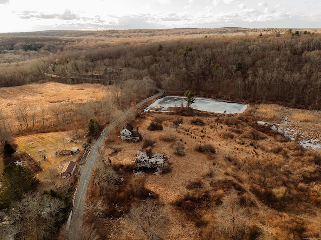 birds eye view of property featuring a water view and a rural view