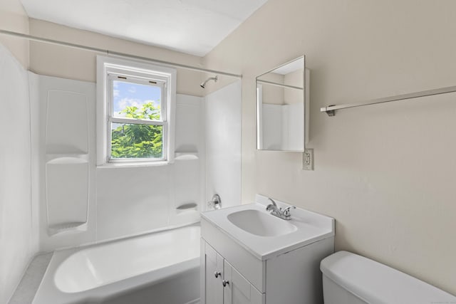 full bathroom featuring shower / washtub combination, toilet, and vanity