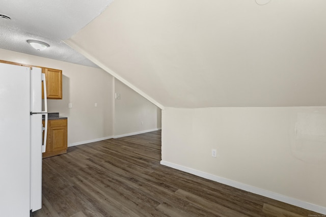 additional living space with lofted ceiling, a textured ceiling, and dark hardwood / wood-style flooring