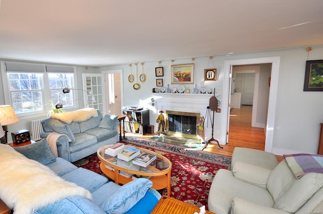 living room featuring radiator heating unit and hardwood / wood-style floors