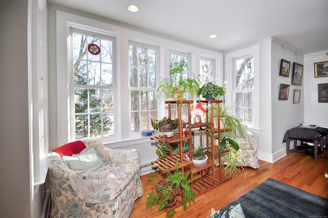 sunroom featuring a baseboard radiator and a healthy amount of sunlight