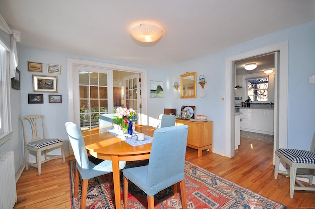 dining space with radiator heating unit and light hardwood / wood-style floors