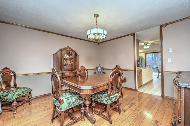 dining space featuring crown molding, ceiling fan with notable chandelier, a textured ceiling, and light wood-type flooring