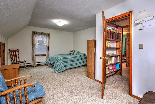 carpeted bedroom with lofted ceiling, a textured ceiling, and baseboard heating