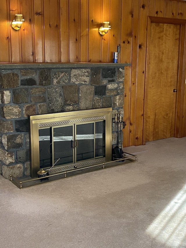 details with a stone fireplace and carpet floors