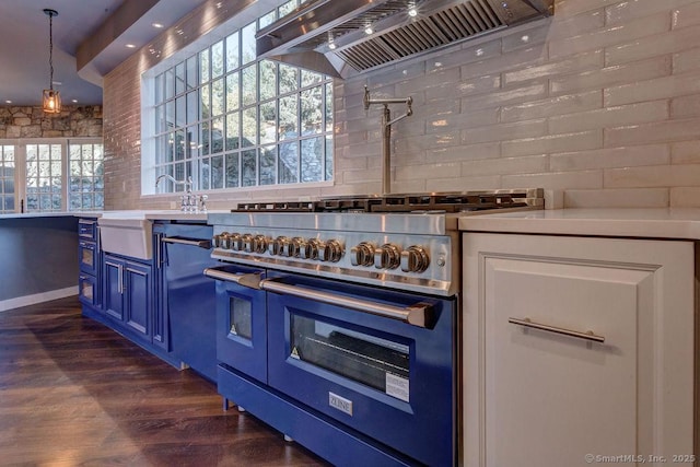 kitchen featuring sink, blue cabinetry, premium range hood, double oven range, and a healthy amount of sunlight