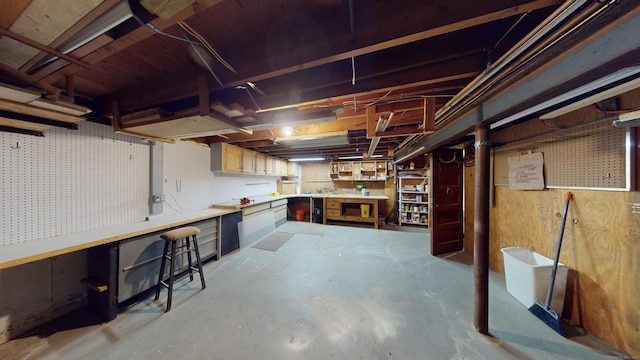 basement with a workshop area