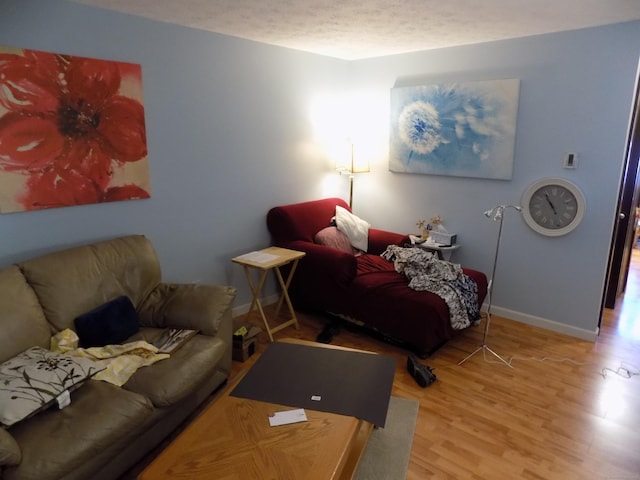 living room with light hardwood / wood-style flooring and a textured ceiling