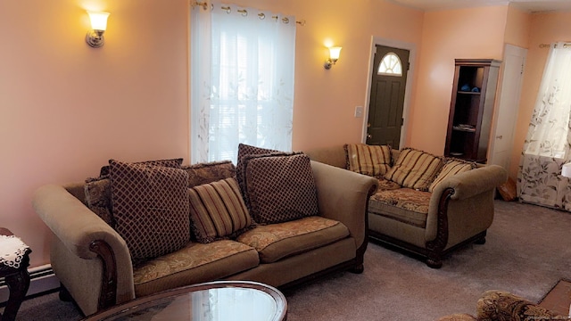 living room with a healthy amount of sunlight and carpet flooring