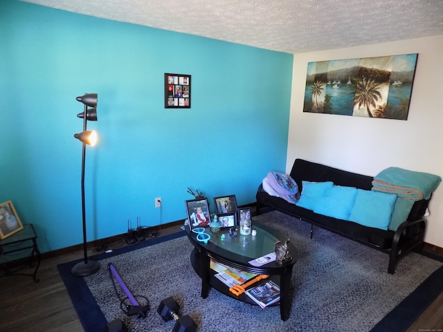 living room with hardwood / wood-style flooring and a textured ceiling