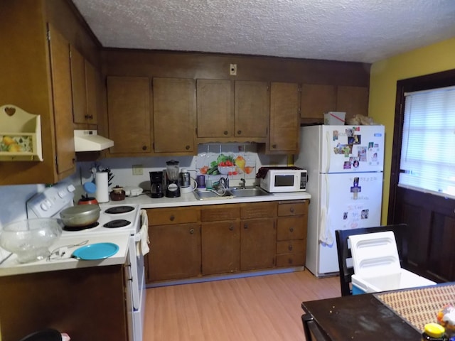 kitchen with sink, a textured ceiling, white appliances, and light wood-type flooring