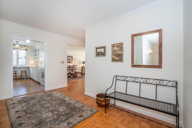 hall featuring ornamental molding, sink, parquet floors, and a baseboard radiator