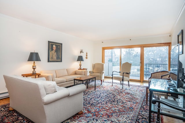 living room featuring hardwood / wood-style floors and ornamental molding