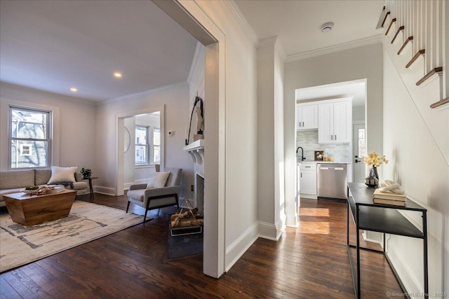 interior space featuring ornamental molding, dark hardwood / wood-style floors, and sink