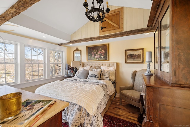 bedroom with high vaulted ceiling, wood finished floors, recessed lighting, and a chandelier