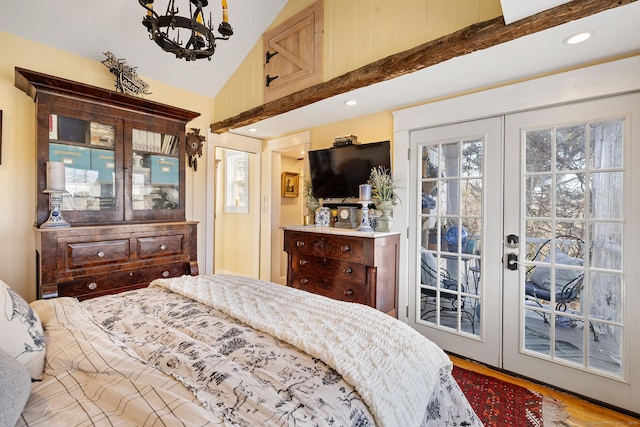 bedroom with french doors, lofted ceiling with beams, access to exterior, and a chandelier