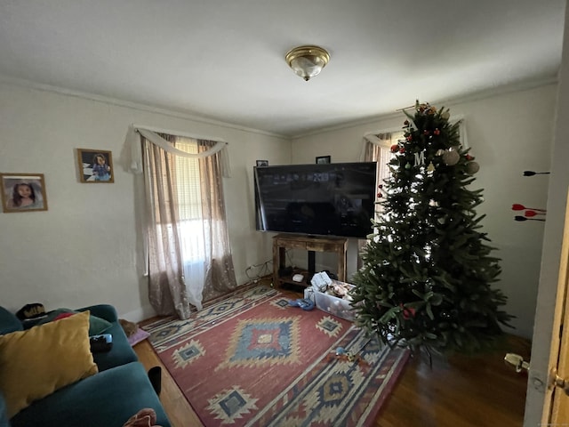 living room featuring wood-type flooring and ornamental molding