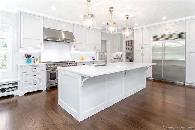 kitchen featuring pendant lighting, sink, a kitchen breakfast bar, premium appliances, and an island with sink