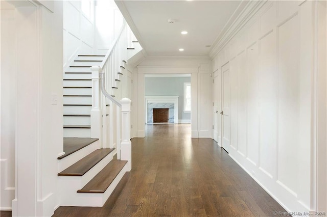 hallway featuring dark hardwood / wood-style flooring, crown molding, and a fireplace