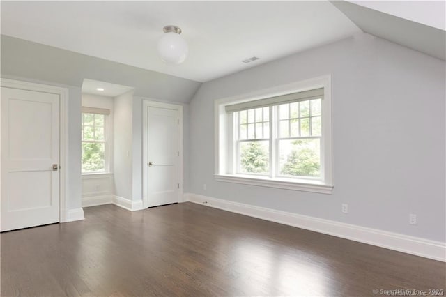 interior space featuring lofted ceiling and dark hardwood / wood-style floors